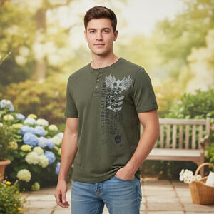 Men's Helix Green Short Sleeve Henley Tee M with Gray Graphic
